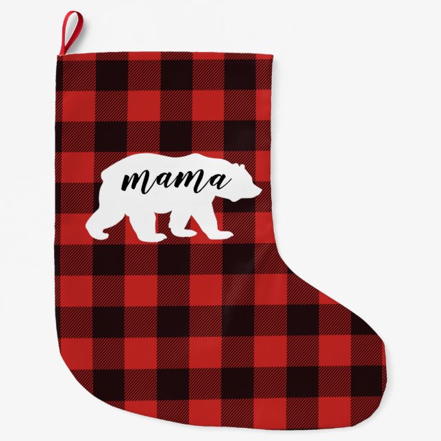 Rustikaler Mama Bear Red & Black Buffalo Kariert Großer Weihnachtsstrumpf (Vorderseite)
