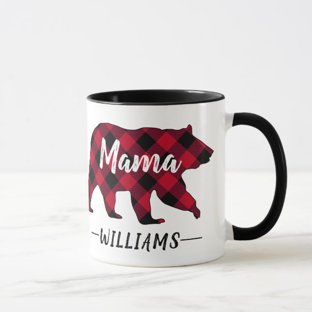 Rustikaler Mama Bear Red Buffalo Kariert Monogramm Tasse (Rechts)