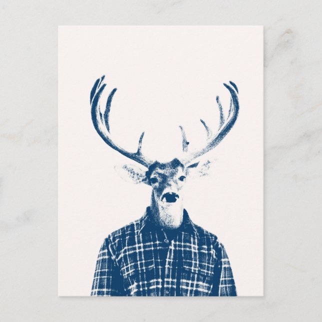 Rustikaler Mann Buck mit Antlern in Blau und Creme Postkarte (Vorderseite)