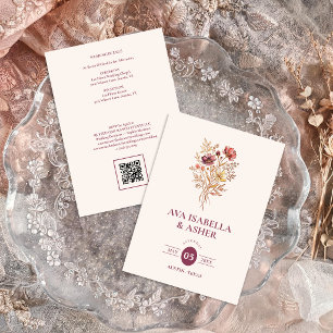 Rustikaler Marsala-Blumenstrauß Hochzeit QR TLW26 Einladung