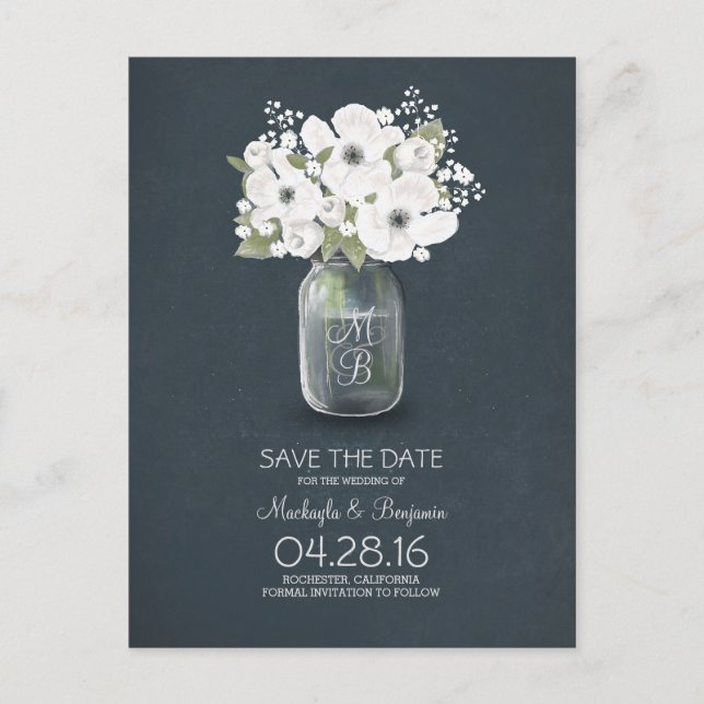 Rustikaler Mason Jar Baby Atem Save the Date Ankündigungspostkarte (Vorderseite)