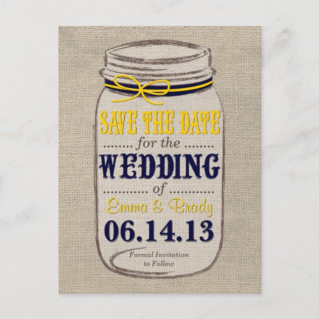 Rustikaler Mason Jar Save the Date Yellow Navy Ankündigungspostkarte (Vorderseite)