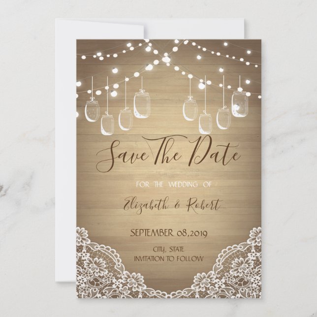 Rustikaler Mason Jar, String Lights, Spitze Save t The Date (Vorderseite)