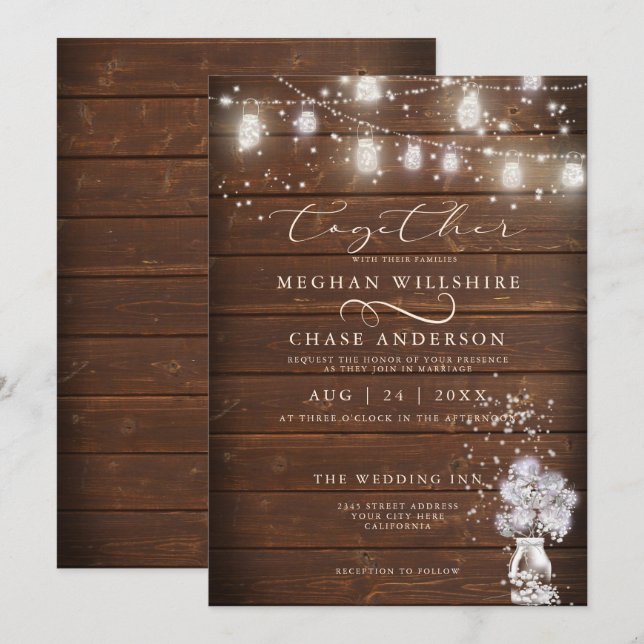 Rustikaler Mason Jar String Lights the BarefootBri Einladung (Vorne/Hinten)