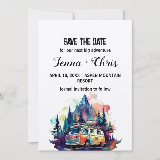 Rustikaler Maximaler Camper Berg Save the Date Einladung (Vorderseite)