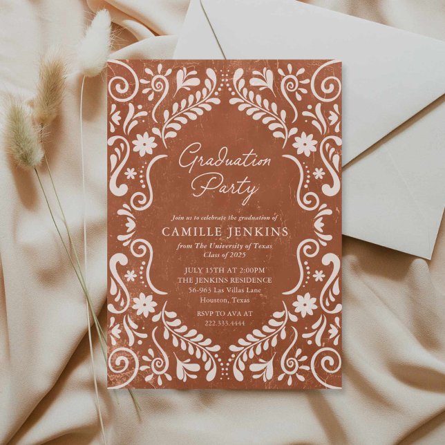 Rustikaler mexikanischer Papel Picado Abschluss Einladung (Papel Picado Graduation Party Invitation)