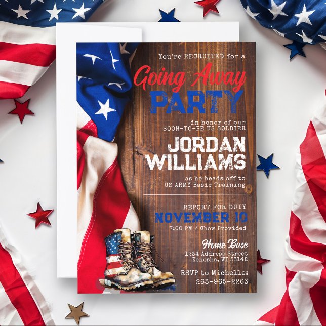 Rustikaler militärischer Fester, der das Party ver Einladung (Patriotic rustic wood American Flag US Navy Air Force Army Solider Marines Military Going away party)