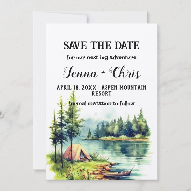 Rustikaler Minimalistischer Wald Kanusee Save the  Einladung (Vorderseite)