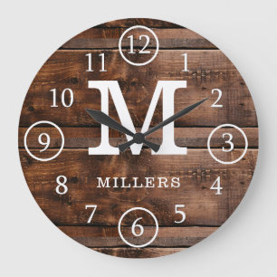 Rustikaler Mit Monogramm dunkelbrauner Holzname Große Wanduhr