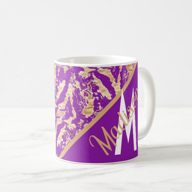 rustikaler Mit Monogramm Goldmarmor auf lila Kaffeetasse (VorderseiteRechts)