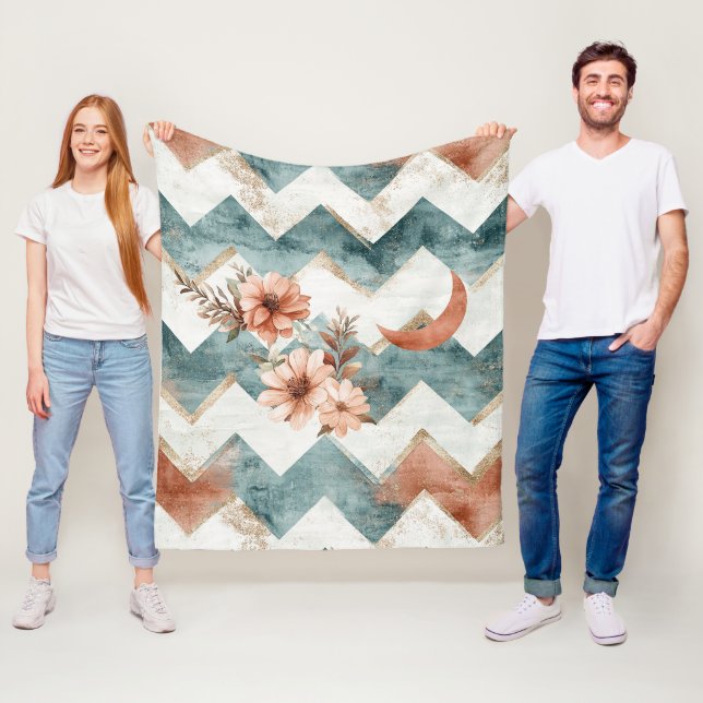 Rustikaler Mond Blumen Chevron Erdige Muster Fleecedecke (Beispiel)