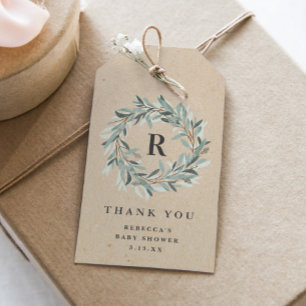 Rustikaler Monogramm-Grünkränze-Baby-Shower Geschenkanhänger