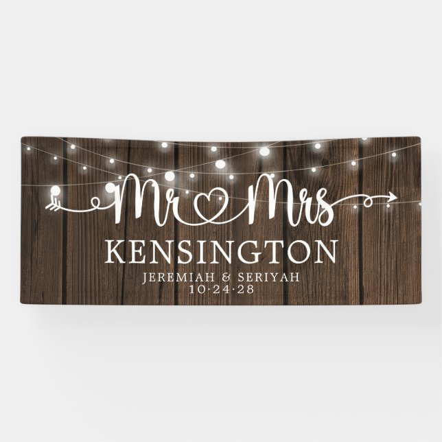 Rustikaler Mr. Heart Script Lights Wood Wedding Banner (Horizontal)