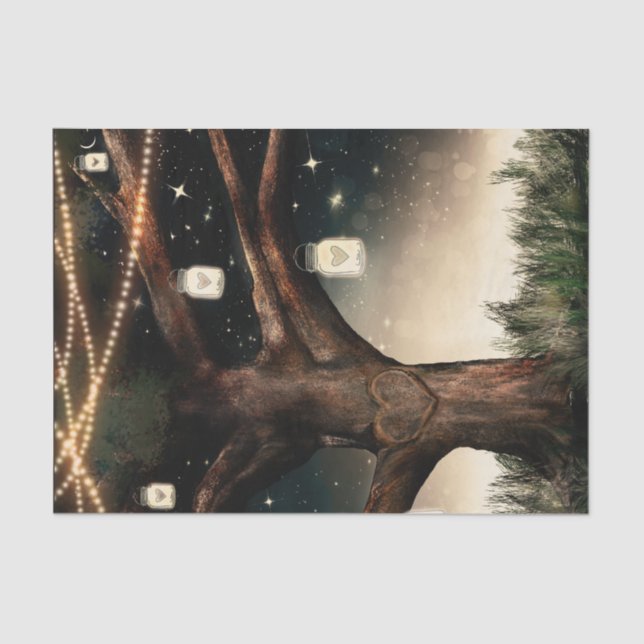 Rustikaler Nachtbaum mit Lichtern & Mason Jars Hoc Seidenpapier (Vorderseite)