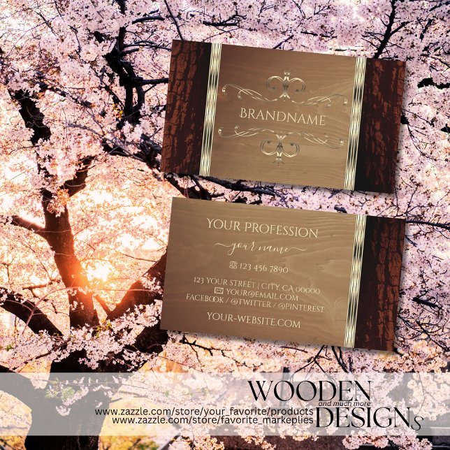 Rustikaler Naturbaum Bark Wood Grain Gold Border Visitenkarte (Von Creator hochgeladen)