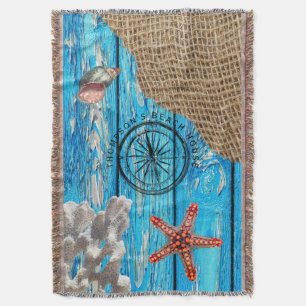 Rustikaler Nautic Blue Wood Burlap Starfish Decke