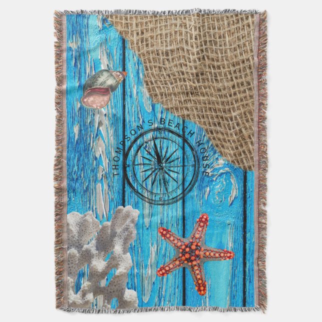 Rustikaler Nautic Blue Wood Burlap Starfish Decke (Vorderseite Vertikal)