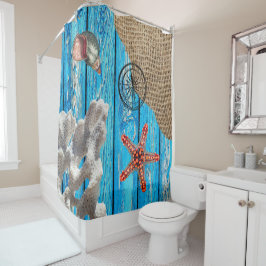 Rustikaler Nautic Blue Wood Burlap Starfish Duschvorhang