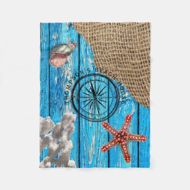 Rustikaler Nautic Blue Wood Burlap Starfish Fleecedecke (Vorderseite)