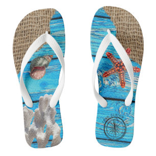 Rustikaler Nautic Blue Wood Burlap Starfish Flip Flops