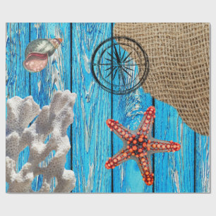 Rustikaler Nautic Blue Wood Burlap Starfish Geschenkpapier