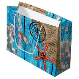 Rustikaler Nautic Blue Wood Burlap Starfish Große Geschenktüte