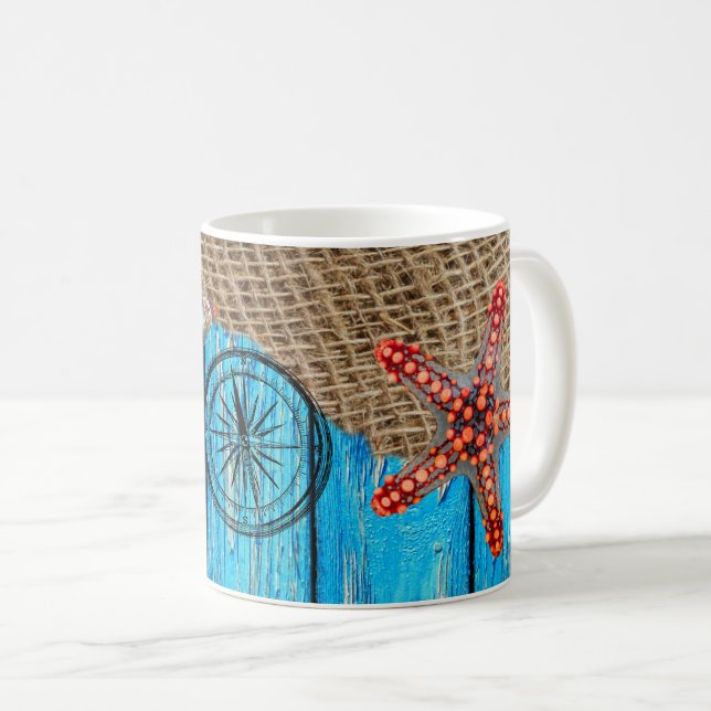 Rustikaler Nautic Blue Wood Burlap Starfish Kaffeetasse (VorderseiteRechts)