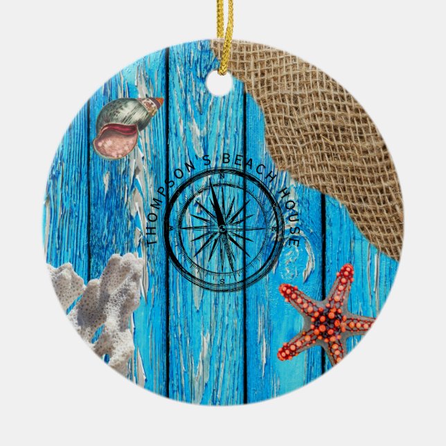Rustikaler Nautic Blue Wood Burlap Starfish Keramik Ornament (Vorne)