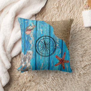 Rustikaler Nautic Blue Wood Burlap Starfish Kissen