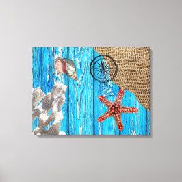Rustikaler Nautic Blue Wood Burlap Starfish Leinwanddruck