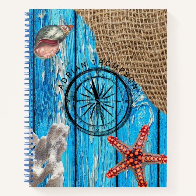 Rustikaler Nautic Blue Wood Burlap Starfish Notizbuch (Vorderseite)
