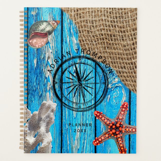 Rustikaler Nautic Blue Wood Burlap Starfish Planer (Vorderseite)