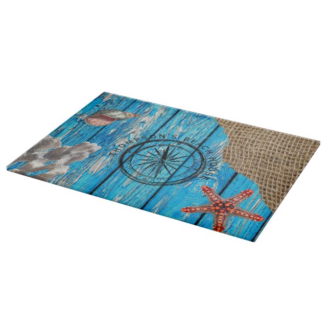 Rustikaler Nautic Blue Wood Burlap Starfish Schneidebrett (Ecke)
