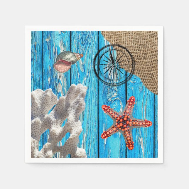 Rustikaler Nautic Blue Wood Burlap Starfish Serviette (Vorderseite)