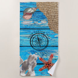 Rustikaler Nautic Blue Wood Burlap Starfish Strandtuch