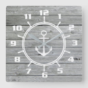 Rustikaler nautischer Anker und Schiffsschwungrad  Quadratische Wanduhr