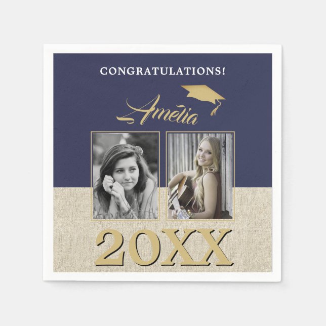 Rustikaler Navy Blue Graduate 2 Foto Abschluss Serviette (Vorderseite)