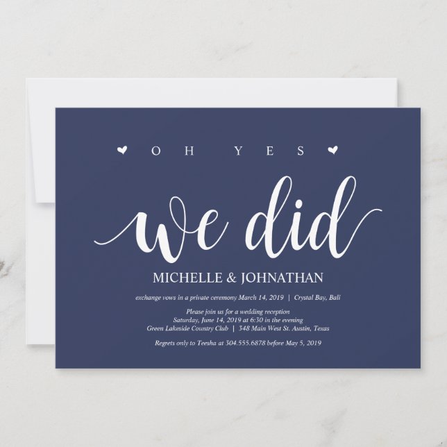 Rustikaler Navy Blue Wedding Elopement Empfang Einladung (Vorderseite)