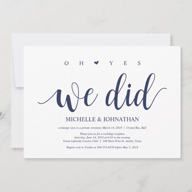 Rustikaler Navy Blue Wedding Elopement Empfang Einladung (Vorderseite)