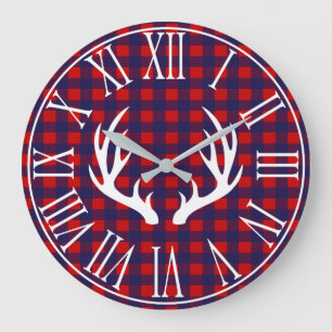Rustikaler Navy Buffalo Karo Kariert & Deer Antler Große Wanduhr
