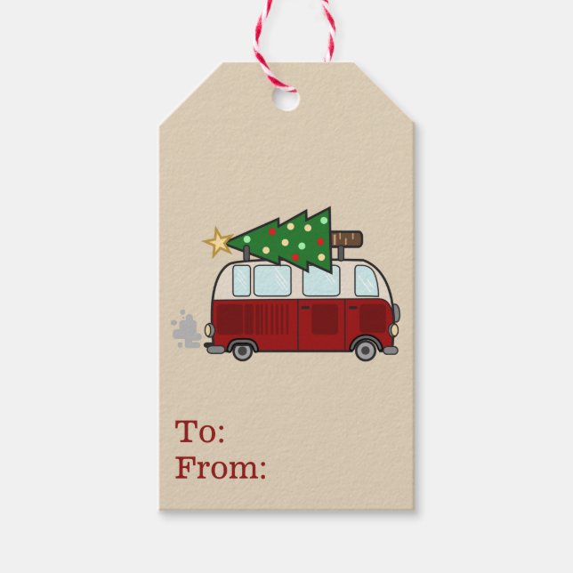 Rustikaler Niedlicher Camper & Weihnachtsbaum Geschenkanhänger (Vorderseite)