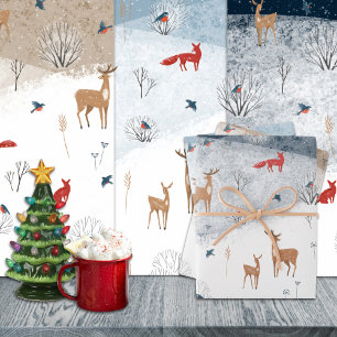 Rustikaler Nordic Winter Fox Deer Snowy Mountain Geschenkpapier Set
