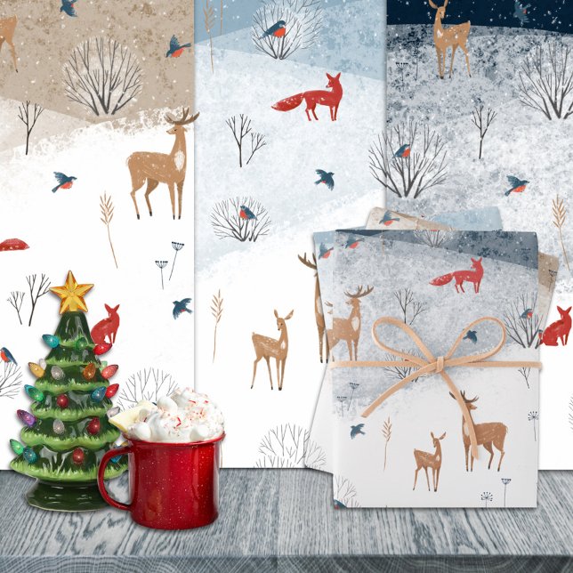 Rustikaler Nordic Winter Fox Deer Snowy Mountain Geschenkpapier Set (Winter Fox Deer Snowy Mountain Christmas Holiday Wrapping Paper Sheets Trio)