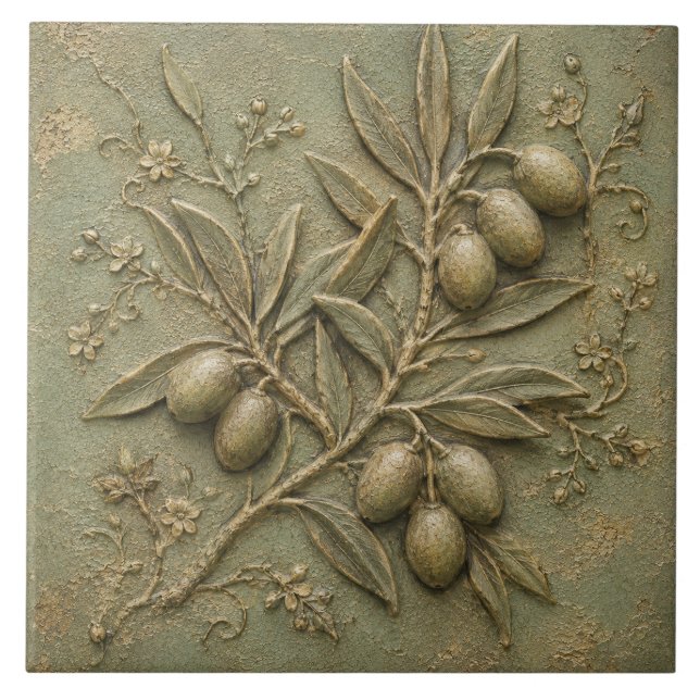 Rustikaler Olivenhain Botanischer Faux-Relief Fliese (Vorderseite)