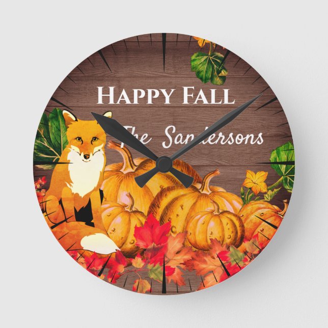 Rustikaler Orange Fox Pumpkin Herbst Herbst Blätte Runde Wanduhr (Vorderseite)