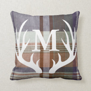 Rustikaler Orangenblauer Karierter Weiße Hirsche Kissen