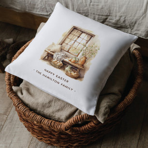 Rustikaler Ostersonntag Beige Wasserfarbe Familien Kissen