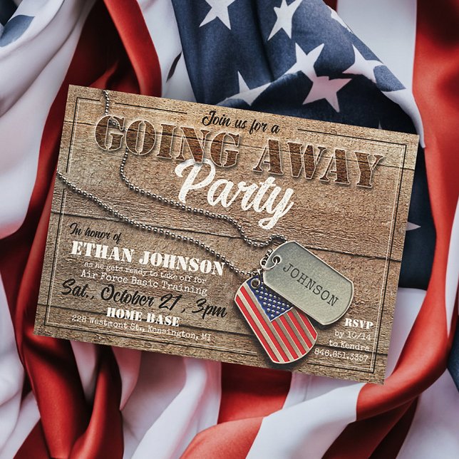 Rustikaler Party-Militärhund markiert die US-Flagg Einladung (Rustic Wood Personalized American Flag Dog Tag Military Going Away Party Invitations, Air Force)