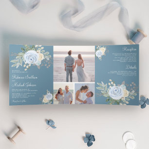 Rustikaler Pastell-Blumenstrauß Staubblau Hochzeit Dreifach Gefaltete Einladung