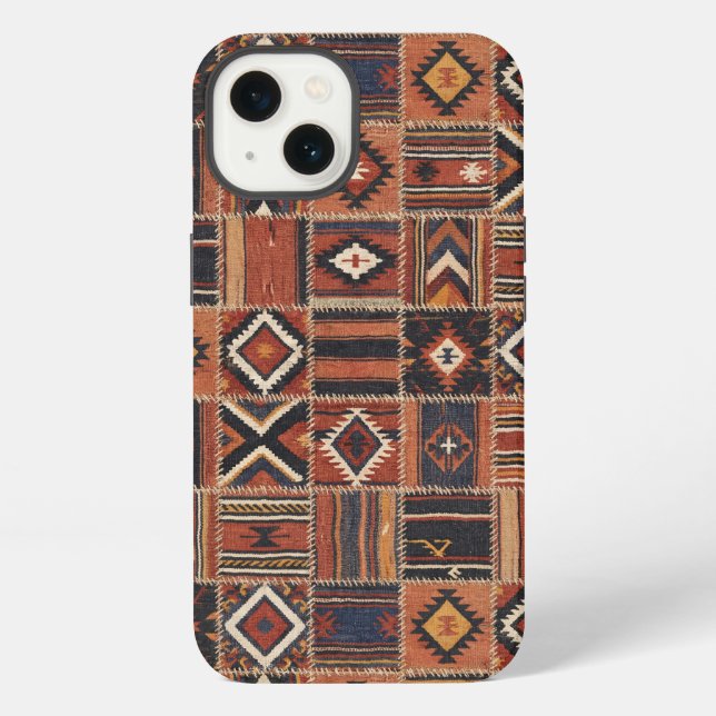 Rustikaler Patchwork-Kilim-Geometrie-Teppich iPhone Hülle (Rückseite)